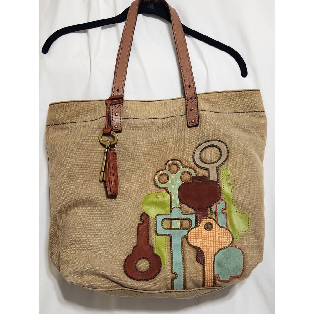 FOSSIL Large Jules Key Tote Tan Canvas Leather Handles Brass Key Tassel - Picture 1 of 13